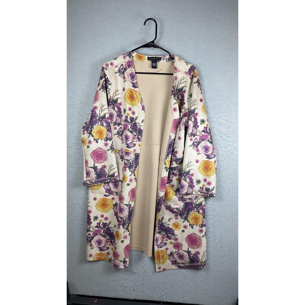 Joan‎ Vass Coatigan Womens XL Multicolor Floral Open Front Knit Jacket Pockets